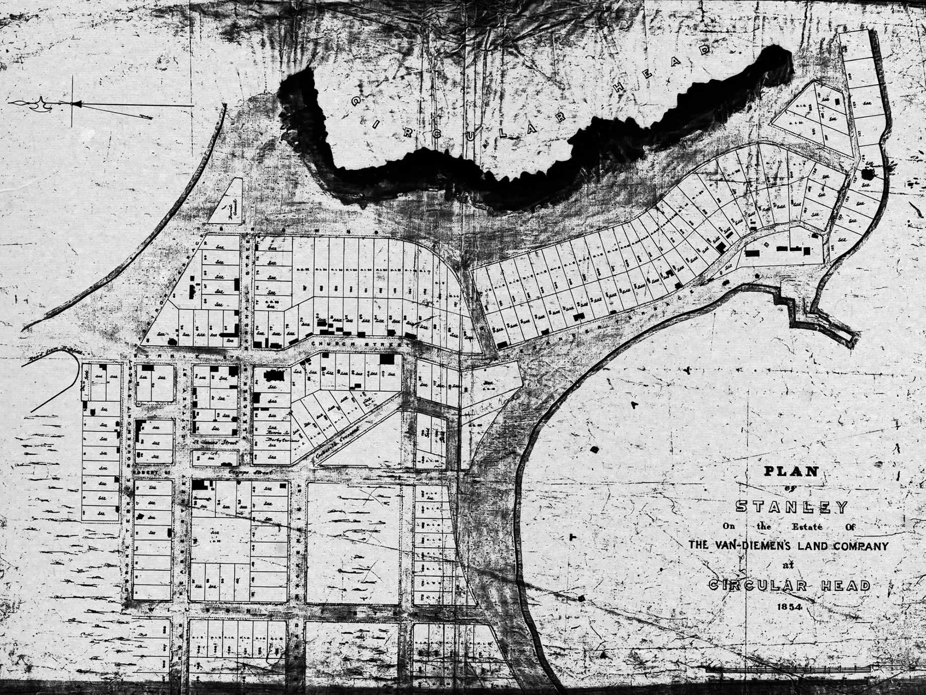 John Lee Archer 对斯坦利镇的规划图，标注了 The Van Diemen’s Land Company 在 Circular Head 的地产，1854 年